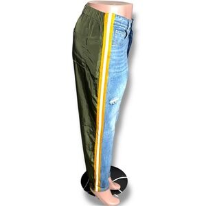 A. Kom Distressed Cuffed Denim and Olive Track Cropped Pants with Yellow Stripe